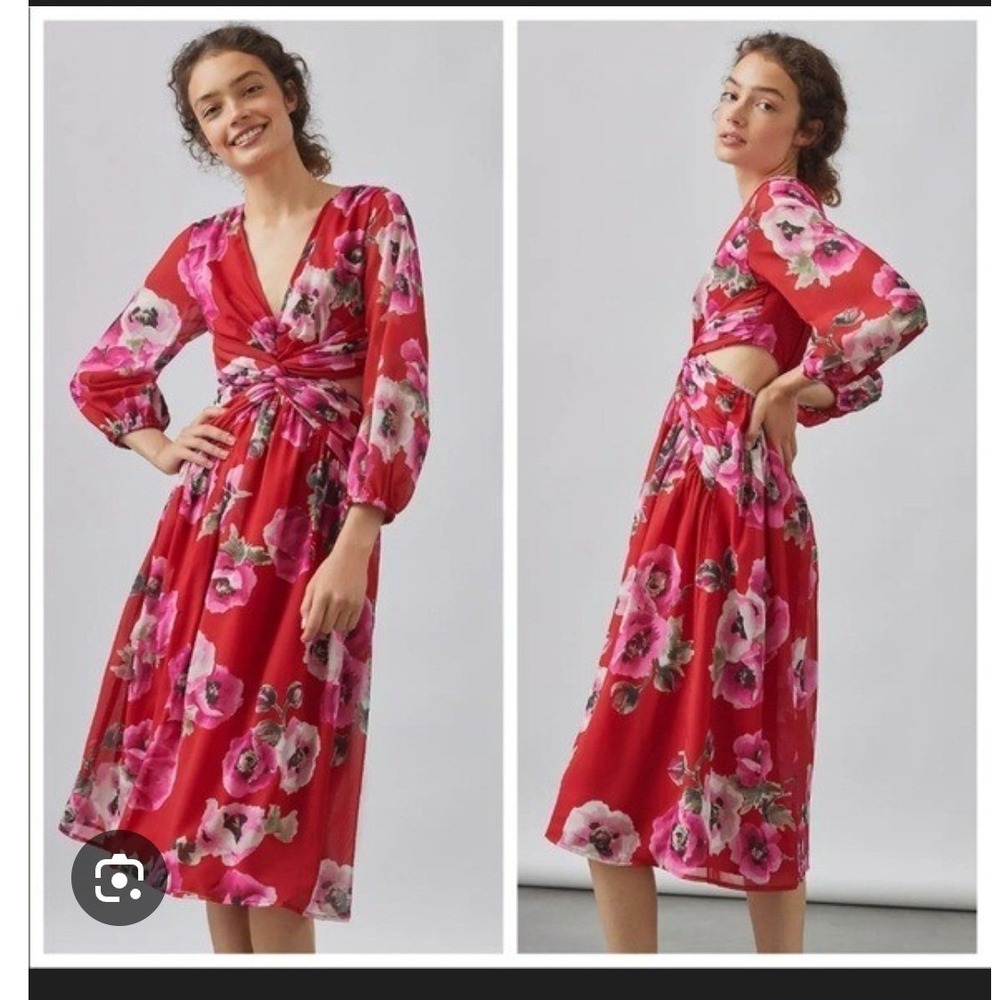 Anthropologie Ranna Gill Red Pink Poppy Floral‎ Side Cut Out Midi Dress Sz Small